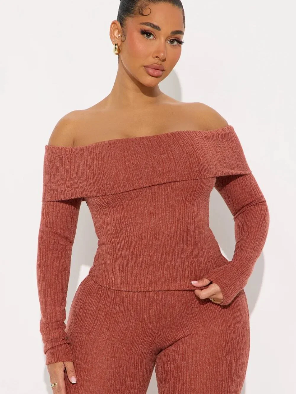 Fashion Nova Rust Off Shoulder Pant Set 2 Piece Wide Leg Stretch Size Large - Picture 2 of 4